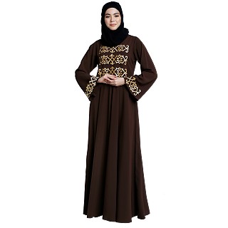 Umbrella abaya with golden embroidery work - Coffee Brown